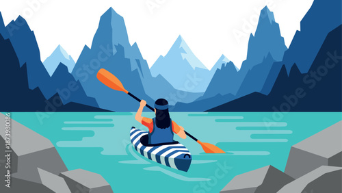 Adventure kayaking in mountain lake with stunning flat design art