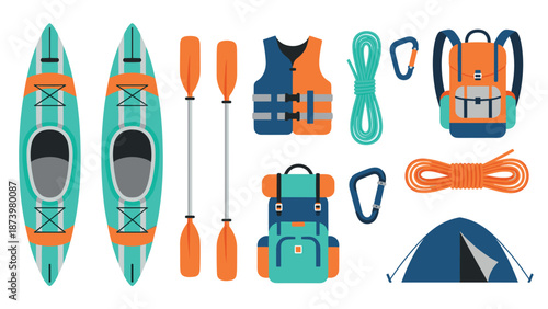 Colorful flat design kayaking and camping gear set for outdoor adventures