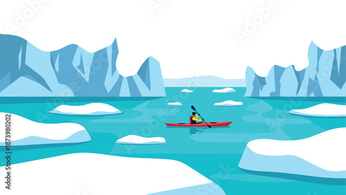 Kayaker navigating pristine arctic waters among icebergs