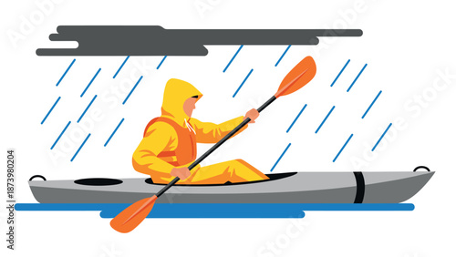 Colorful adventure: kayaking in the rainy weather with vibrant gear