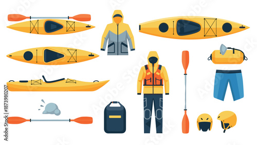 Kayaking gear and equipment set with yellow kayaks, paddles, and safety gear