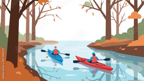 Autumn kayaking adventure on calm river amidst colorful trees