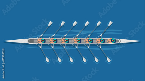 Team of rowers in a boat practicing on blue water in classic style