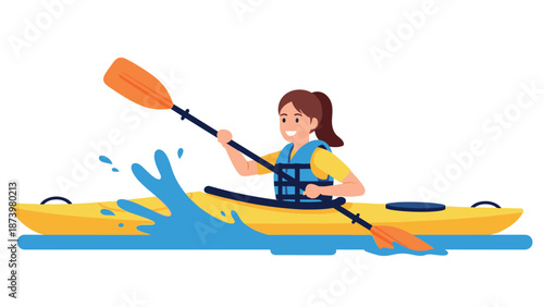 Flat design of a smiling woman kayaking with paddle beneath splashing water