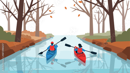 Autumn kayaking adventure: scenic river with falling leaves and bare trees