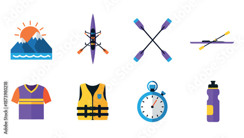Kayaking essentials: icon set featuring gear and equipment for outdoor adventures