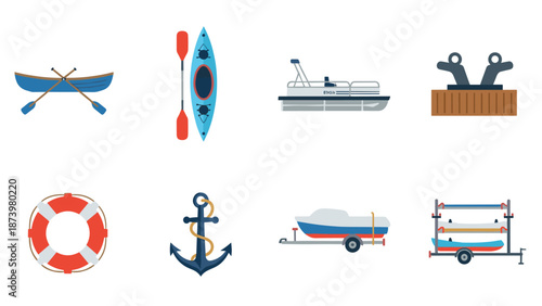 Boating equipment icons set featuring canoe, kayak, lifebuoy, and anchor in flat design