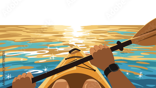 Flat design kayaking scene with vibrant sunset over calm waters