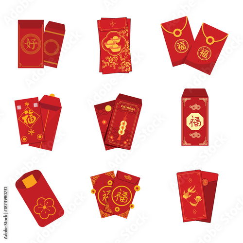 Lunar New Year red envelope packets set. Vector collection of traditional lucky money bags or Ang Pao with gold patterns for holiday gift