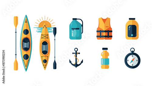 Colorful canoeing and kayaking equipment icons for outdoor adventures