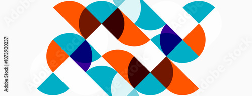 Abstract geometric pattern. Overlapping colorful semicircles create dynamic composition. Modern design, simple shapes, vibrant hues.