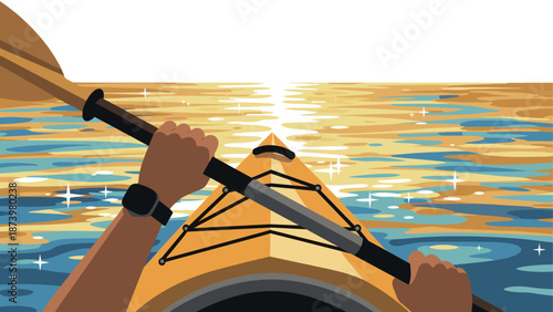 Serene kayaking adventure at sunset: paddling on golden waters