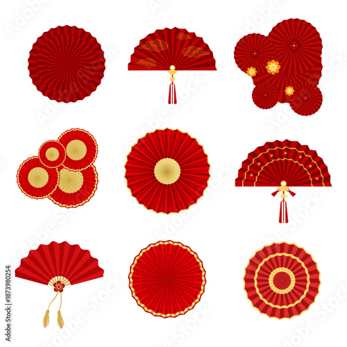 Oriental folding fan decorative elements. Vector set of red paper fans with gold patterns for Chinese New Year holiday background design