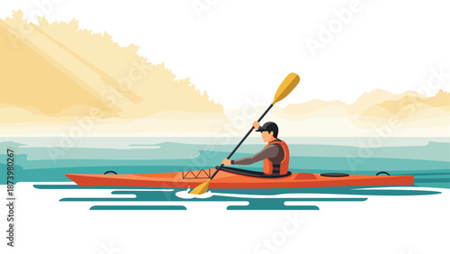 Kayaker in red canoe paddling through serene water with mountain backdrop in flat design