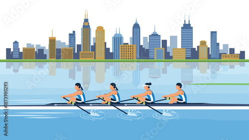 Rowers in action on urban waterfront with city skyline reflections