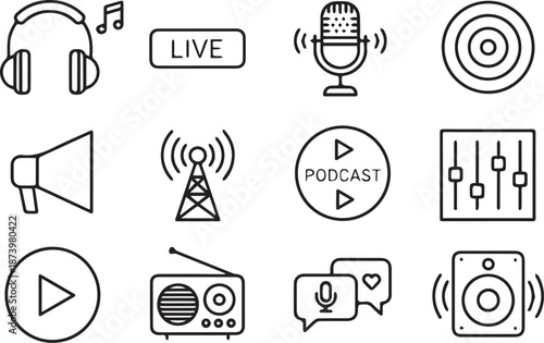 Black and white vector set of 12 icons for music, podcast, radio, and live broadcasting themes