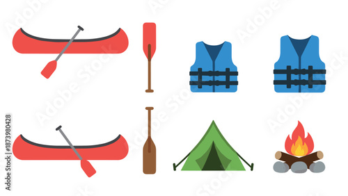 Camping adventure essentials: canoes, life jackets, tent, and campfire graphics
