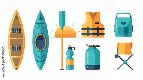 Outdoor adventure gear collection: kayak, oar, life vest, backpack, and camping essentials
