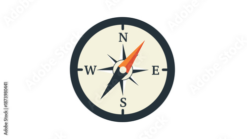 Classic compass with orange needle on north east direction in minimal design