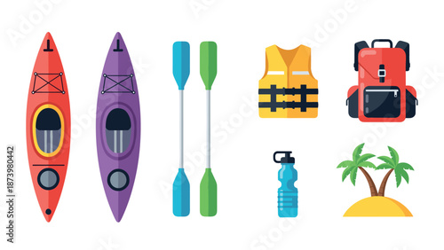 Colorful kayak adventure essentials with safety equipment and tropical vibes in flat style