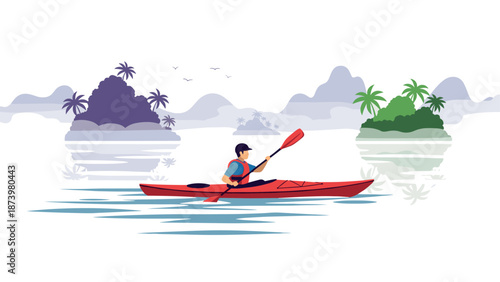 Kayak adventure: man rowing on serene lake with tropical background