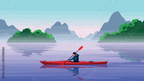 Peaceful morning kayaking on misty lake with mountains and lush trees in background