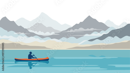 Tranquil canoe adventure on serene lake with stunning mountain backdrop in flat style