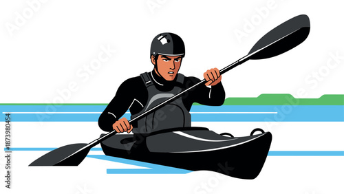 Dynamic kayaking adventure on river in minimalist style