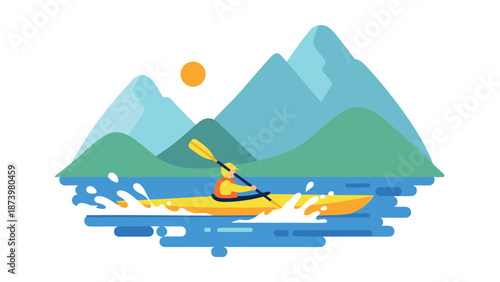 Colorful kayaking adventure in mountainous landscape with sun