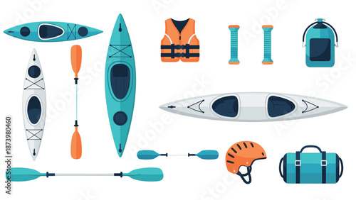 Kayaking gear set with flat design canoes, paddles, and accessories