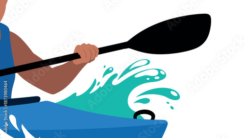 Kayaking adventure with paddler and splashing water in flat design