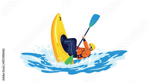 Dynamic kayaking adventure in colorful cartoon style with splashes of water