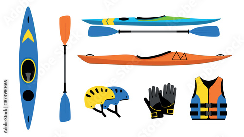 Colorful kayak and gear set with paddles and safety equipment on white background