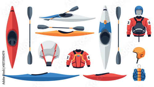 Colorful flat design kayaking equipment collection on white background
