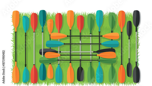 Colorful kayak paddles arranged on grass background in flat design