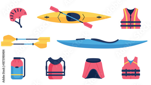 Bright flat design of kayak gear and accessories for outdoor water adventure