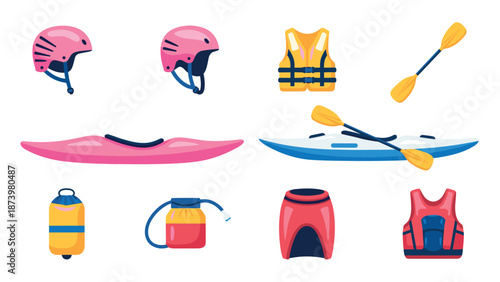Colorful kayaking gear set with helmet, life jacket, and paddle icons