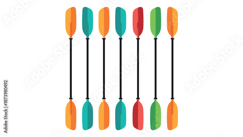 Vibrant pattern of colorful kayak paddles in a row