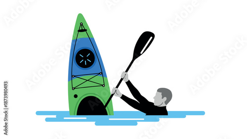 Colorful kayak mishap with capsized canoe and paddler in water