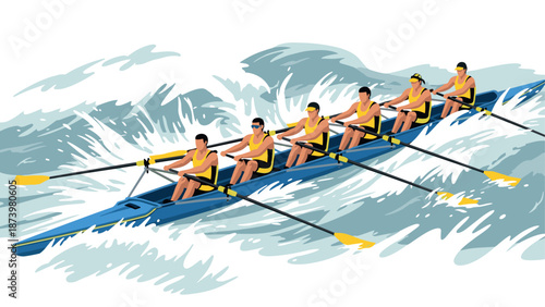 Dynamic team rowing in rough waters: teamwork and strength