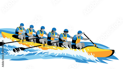 Team of rowers in dynamic action on blue waters