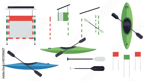 Water sports equipment: kayaks and paddles in flat design for outdoor adventures
