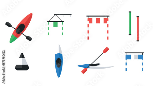 Canoe and kayak competition elements set with paddles and gates