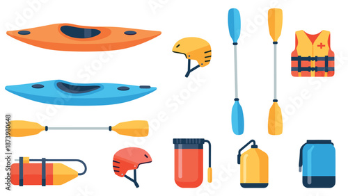 Colorful flat kayaking equipment collection with helmets and paddles