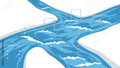 White water slalom course with gates and rapids in scenic blue river