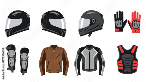 Motorcycle gear set with helmets, jackets, gloves, and pads in flat design
