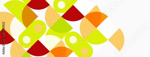 Abstract geometric shapes overlap. Circles, rounded rectangles create colorful pattern. Light background enhances visual impact.