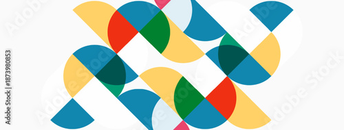Abstract geometric shapes overlap, creating colorful pattern. Circles, semicircles dominate composition. Light background enhances vibrancy.