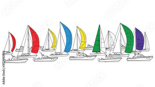 Colorful sailboats in a regatta with bright sails on a white background