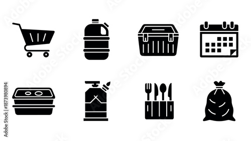 Minimalist black icons of shopping and household items for eco-friendly lifestyles